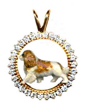 14K Gold Cavalier King Charles Spaniel Custom Enamel in Diamond Circle