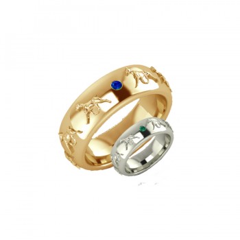 14K Gold or Sterling Raised Boxer Comfort Band Ring with 2 Gemstones