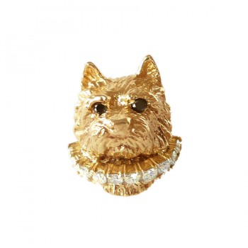 14K Gold Full Face Norwich Terrier with Full Diamond Collar and Black Diamond Eyes