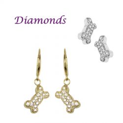 14K Gold Dog Bone Earrings Pavé with Brilliant Cut Diamonds