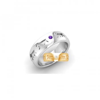 14K Gold or Sterling Comfort Band Ring with Recessed Clumber Spaniels and 2 Gemstones