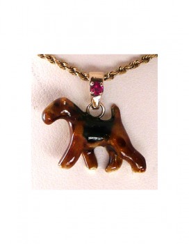 14K Gold Small Trotting Airedale with Personalized Enamel Artwork and Gemstone Highlight on Bail