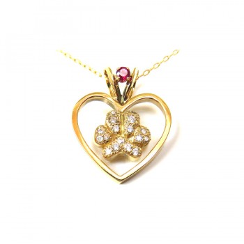 14K Gold Heart with Pavé Paw and Ruby Accent in Bail