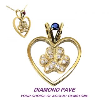 14K Gold Heart with Pavé Paw and Gemstone Accent in Bail