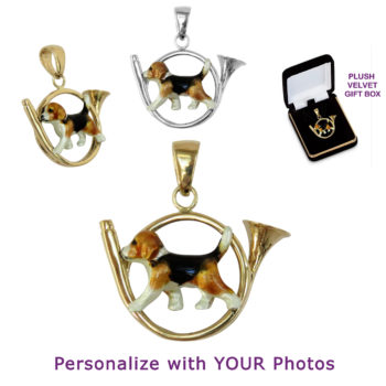 Beagle with Personalized Enamel Artwork Trotting in 14K Gold or Sterling Silver Hunting Horn Pendant Charm