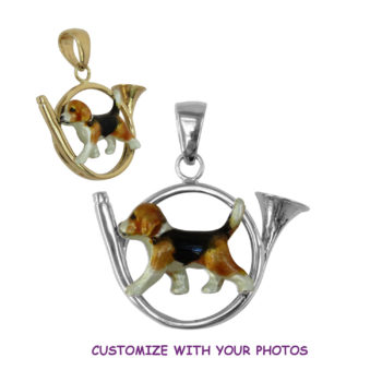 14K Gold or Sterling Beagle with Custom Enamel in Hunting Horn