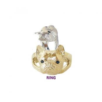 14K Gold or Sterling Silver French Bulldog Ring with Black Diamond Eyes