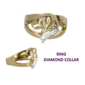 Golden Retriever Ring in 14K Gold with Inset Diamond Collar and Black Diamond Eye