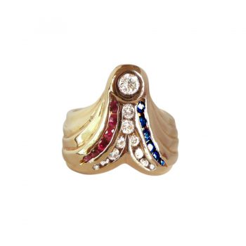 14K Gold Best in Show Statement Ring with 1/4 Carat Diamond and Rubies, Diamonds and Sapphires