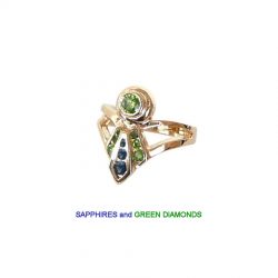 14K Gold High in Trial Ladies' Ribbon Ring with Sapphires and Green Diamonds