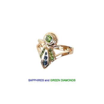 14K Gold High in Trial Ladies' Ribbon Ring with Sapphires and Green Diamonds