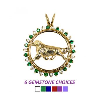 Golden Retriever in 14K Gold Large Diamond & Precious Gem Circle