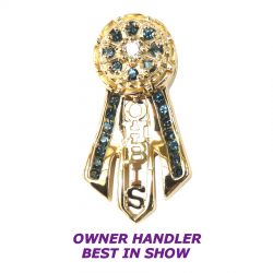 14K Gold Owner Handler Best in Show Ribbon with Rosette Featuring Deep Blue Topaz and Diamond