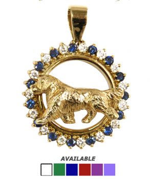 14K Gold Trotting Golden Retriever in Diamond Precious Gem Circle -- 6 Gemstone Choices