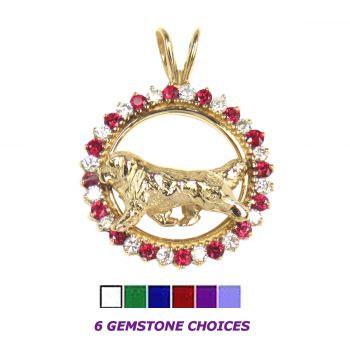 14K Gold Trotting Newfoundland in Diamond Gemstone Circle -- 6 Gemstone Choices
