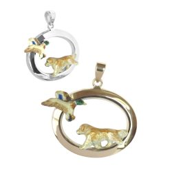 Golden Retriever in Custom Enamel with Flying Duck on 14K Gold or Sterling Silver Oval Charm