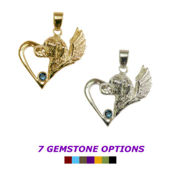 Golden Retriever with Angel Wings and Gemstone Accent Memorial Charm in 14K Gold or Sterling