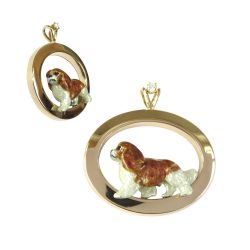 14K Gold Oval with Cavalier King Charles Spaniel Featuring Personalized Enamel Artwork