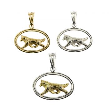 Trotting Siberian Husky in Double Grooved Oval Charm in 14K Gold and Sterling Silver