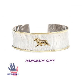 Handmade Sterling Cuff Bracelet with 14K Gold Australian Shepherd and Wire Edging