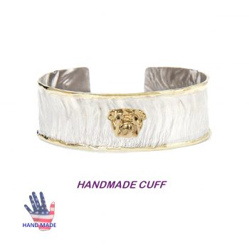 Handmade Sterling Cuff Bracelet with 14K Gold Bulldog Head and Black Diamond Eyes