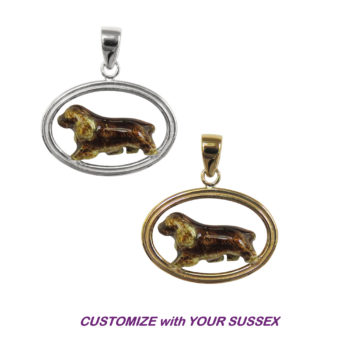 Sussex Spaniel with Custom Enamel in Double Oval with 14K Gold or Sterling