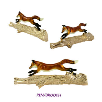 Fox Running Pin/Brooch in 14K Gold Custom Enamel on 14K Gold Log