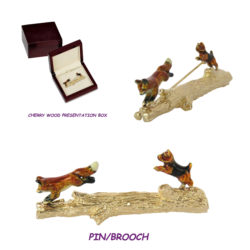 Norwich Terrier Chasing Fox on Log Pin/Brooch in 14K Gold with Custom Enamel Overlay
