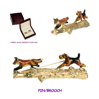 Airedale Terrier Chasing Fox on Log Pin/Brooch in 14K Gold with Custom Enamel Overlay