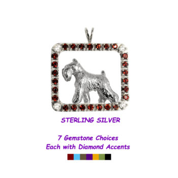 Miniature Schnauzer Sterling Silver Trotting in Gemstone Square with Diamond Accents