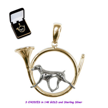 Weimaraner Trotting in Hunting Horn in 14K Gold, Sterling, or Combo