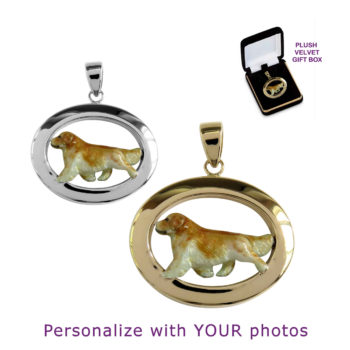 Golden Retriever Trotting with Personalized Enamel Artwork in 14K Gold or Sterling Silver Narrow Oval Pendant Charm