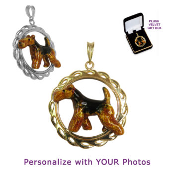 Airedale Terrier with Personalized Enamel Artwork Trotting in 14K Gold or Sterling Silver Open Wave Pendant Charm