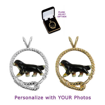 Bernese Mountain Dog with Leash and Personalized Enamel Artwork in 14K Gold or Sterling Silver Pendant Charm