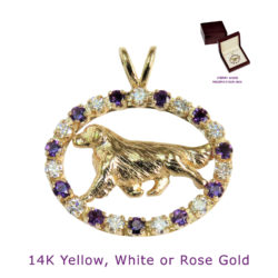Golden Retriever 14K Gold in Diamond and Amethyst Gemstone Oval Charm Pendant or Brooch