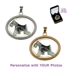 Miniature Schnauzer with Personalized Enamel Artwork Trotting in 14K Gold or Sterling Silver Braided Oval Pendant Charm