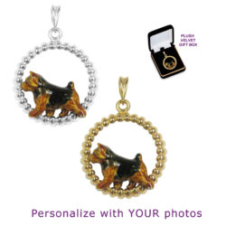 Norwich Terrier with Personalized Enamel Artwork Trotting in 14K Gold or Sterling Silver Beaded Circle Pendant Charm