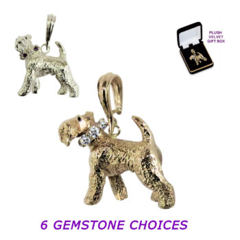 Airedale Terrier in 3D with Turned Head and Gemstone Collar in 14K Gold or Sterling Silver Pendant Brooch Charm