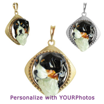 Bernese Mountain Dog Berner with Exquisite Custom Enamel in Enhancing 14K Gold or Sterling Diamond Shape