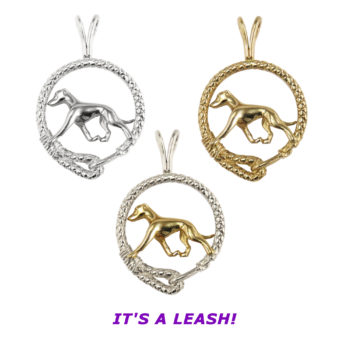 Whippet Trotting in Exquisitely Detailed Leash in 14K Gold, Sterling, or Combo Charm, Pendant, Necklace, Jewelry