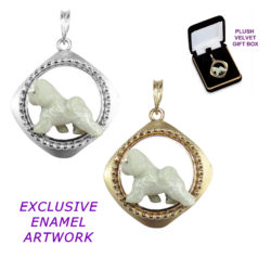 Bichon Frise with Exquisite Enamel in Enhancing 14K Gold or Sterling Diamond Shaped Frame