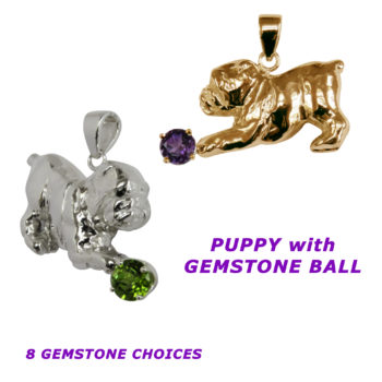 Bulldog Puppy with Gemstone Ball in 14K Gold or Sterling Silver Charm, Pendant, Necklace