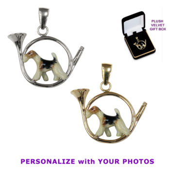 Wire Fox Terrier in Hunting Horn with Personalized Enamel in 14K Gold or Sterling Silver Charm, Pendant, Necklace
