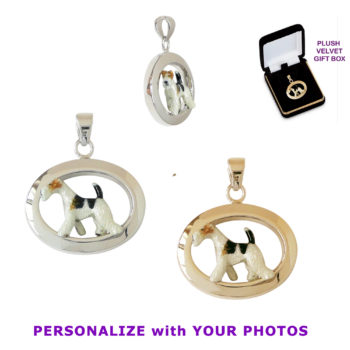 Wire Fox Terrier in Glossy Oval with Personalized Enamel in 14K Gold or Sterling Silver Charm, Pendant, Necklace