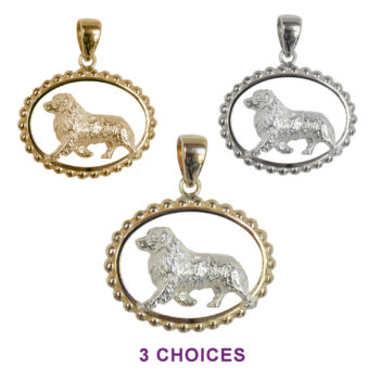 Australian Shepherd Aussie Trotting with Beaded Oval in 14K Gold, Sterling Silver, or Combo