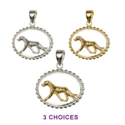 Irish Wolfhound Trotting with Beaded Oval in 14K Gold, Sterling Silver, or Combo
