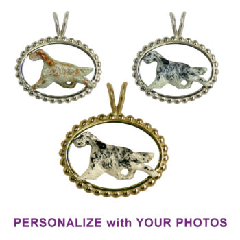 English Setter with Custom Enamel on 14K Gold or Sterling Silver Beaded Oval Jewelry, Pendant, Memorial