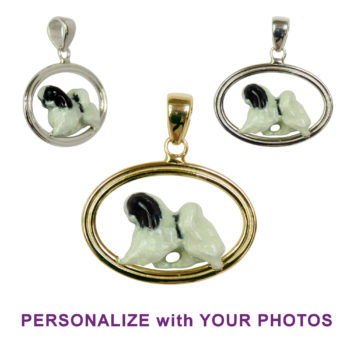 Japanese Chin with Custom Enamel on 14K Gold or Sterling Silver Grooved Oval Jewelry, Necklace, Pendant, Memorial