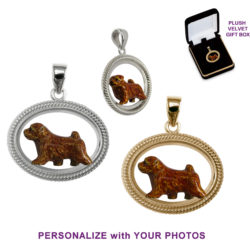 Norfolk Terrier with Personalized Enamel Artwork Trotting in 14K Gold or Sterling Silver Braided Oval Jewelry Pendant Charm