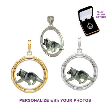 Norwegian Elkhound with Personalized Enamel Artwork Trotting in 14K Gold or Sterling Silver Textured Circle Jewelry